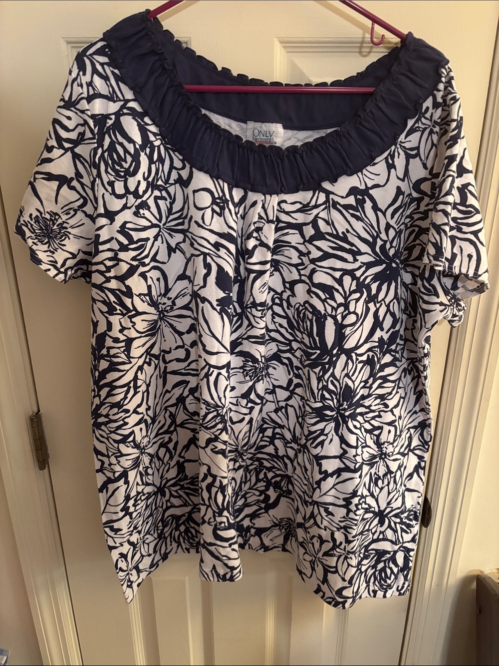 Only Necessities White Tunic with Navy Floral Print and Ruffled Neck
